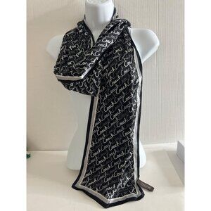 COACH 100% SIlk Scarf Black White Gray‎ Cursive Logo 58" x 10"